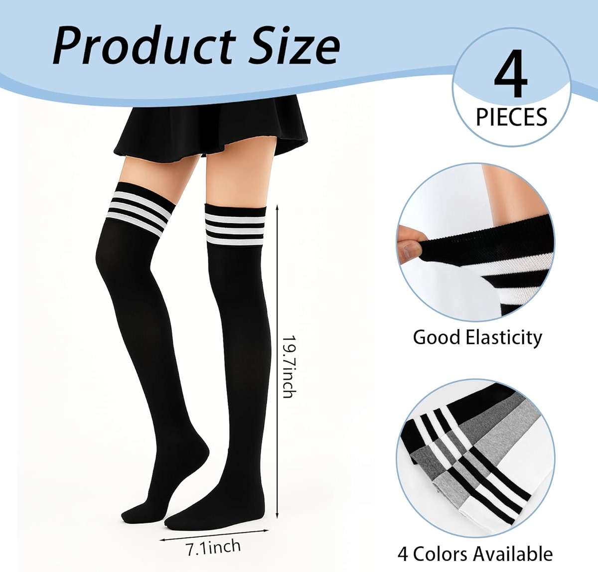 Okxiri 4 Pack Thigh High Socks, Striped Over the Knee Socks for Women, Soft Stretchy High Socks Warmer for Cosplay, Daily Wear, and Boots - Image 2