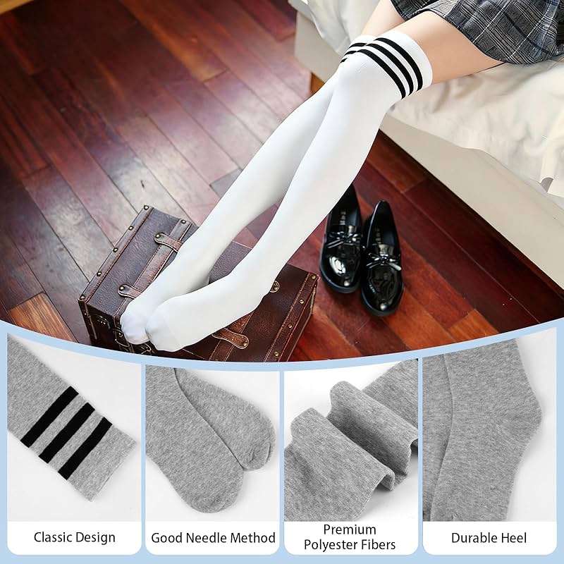 Okxiri 4 Pack Thigh High Socks, Striped Over the Knee Socks for Women, Soft Stretchy High Socks Warmer for Cosplay, Daily Wear, and Boots - Image 3