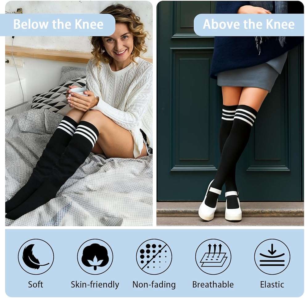 Okxiri 4 Pack Thigh High Socks, Striped Over the Knee Socks for Women, Soft Stretchy High Socks Warmer for Cosplay, Daily Wear, and Boots - Image 4