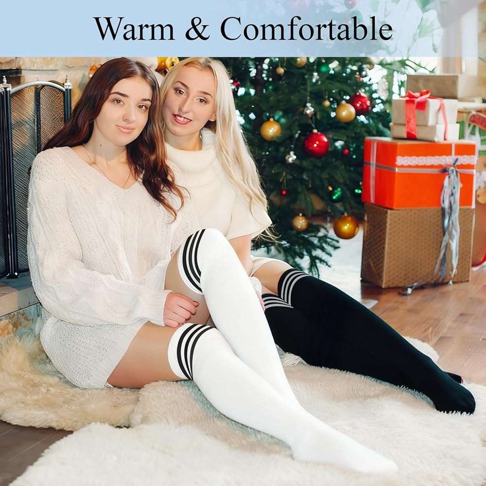 Okxiri 4 Pack Thigh High Socks, Striped Over the Knee Socks for Women, Soft Stretchy High Socks Warmer for Cosplay, Daily Wear, and Boots - Image 6