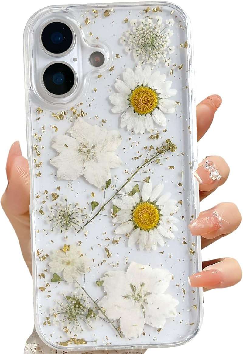 LSEEKA for iPhone 17 Clear Case with Pressed Real Flowers Design,Glitter Cute White Floral Pattern Slim Soft TPU Protective Women Girl's Phone Cover for iPhone 17 - Image 1
