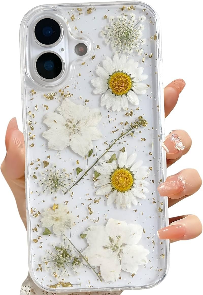 LSEEKA for iPhone 17 Clear Case with Pressed Real Flowers Design,Glitter Cute White Floral Pattern Slim Soft TPU Protective Women Girl's Phone Cover for iPhone 17 - Product Image