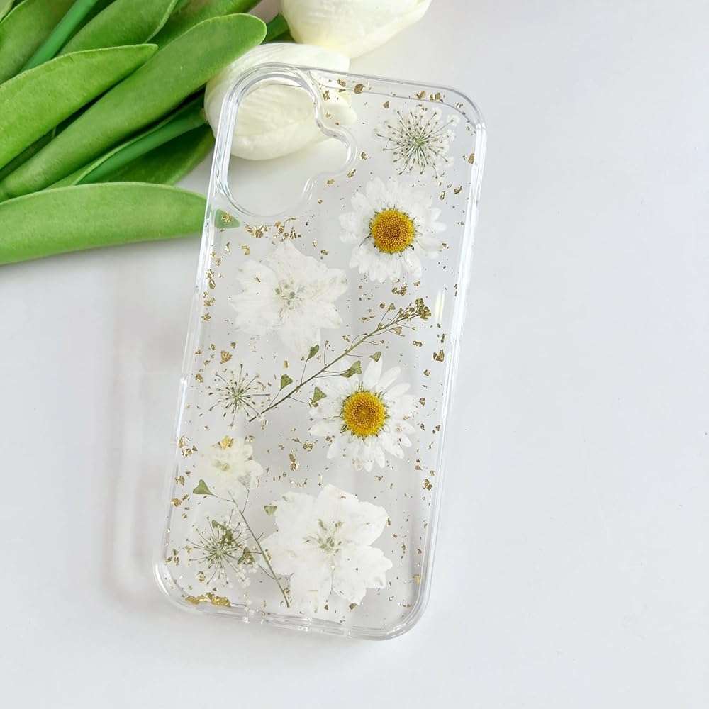 LSEEKA for iPhone 17 Clear Case with Pressed Real Flowers Design,Glitter Cute White Floral Pattern Slim Soft TPU Protective Women Girl's Phone Cover for iPhone 17 - Image 3