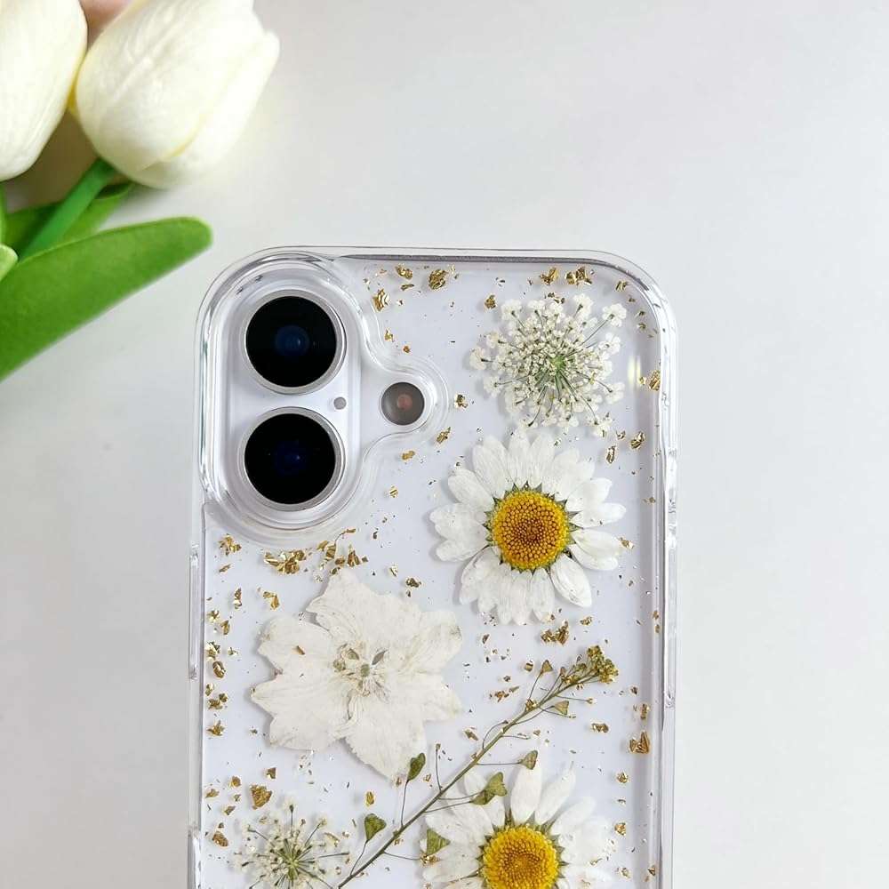 LSEEKA for iPhone 17 Clear Case with Pressed Real Flowers Design,Glitter Cute White Floral Pattern Slim Soft TPU Protective Women Girl's Phone Cover for iPhone 17 - Image 4