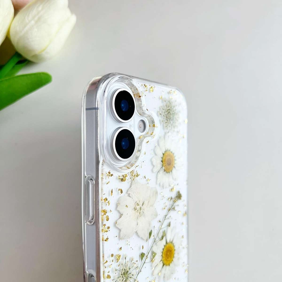 LSEEKA for iPhone 17 Clear Case with Pressed Real Flowers Design,Glitter Cute White Floral Pattern Slim Soft TPU Protective Women Girl's Phone Cover for iPhone 17 - Image 5