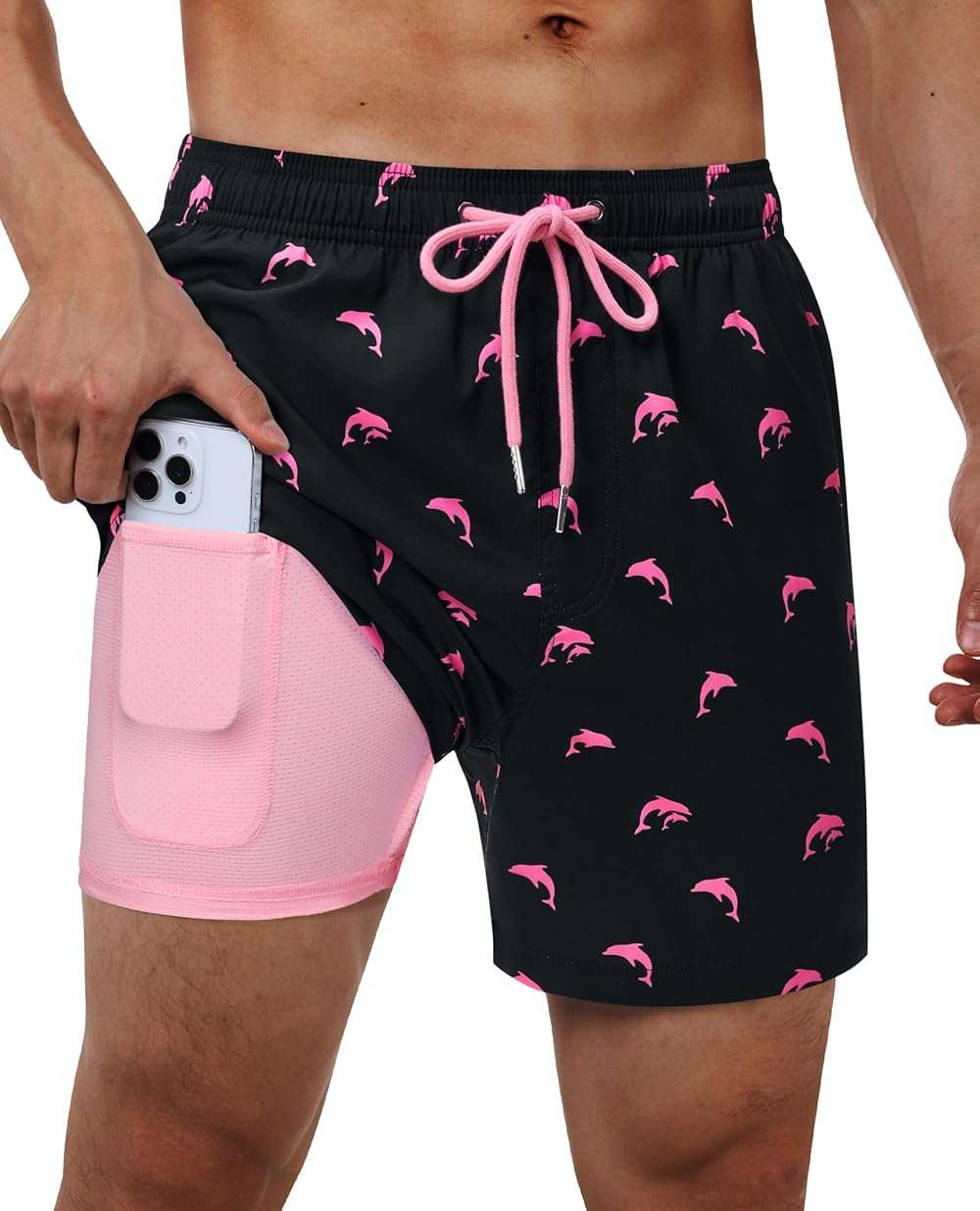 Gleeease 5inch Mens Swim Trunks with Compression Liner Pockets Drawstring Quick Dry Stretch Lined Funny Beach Swimming Surf - Image 1