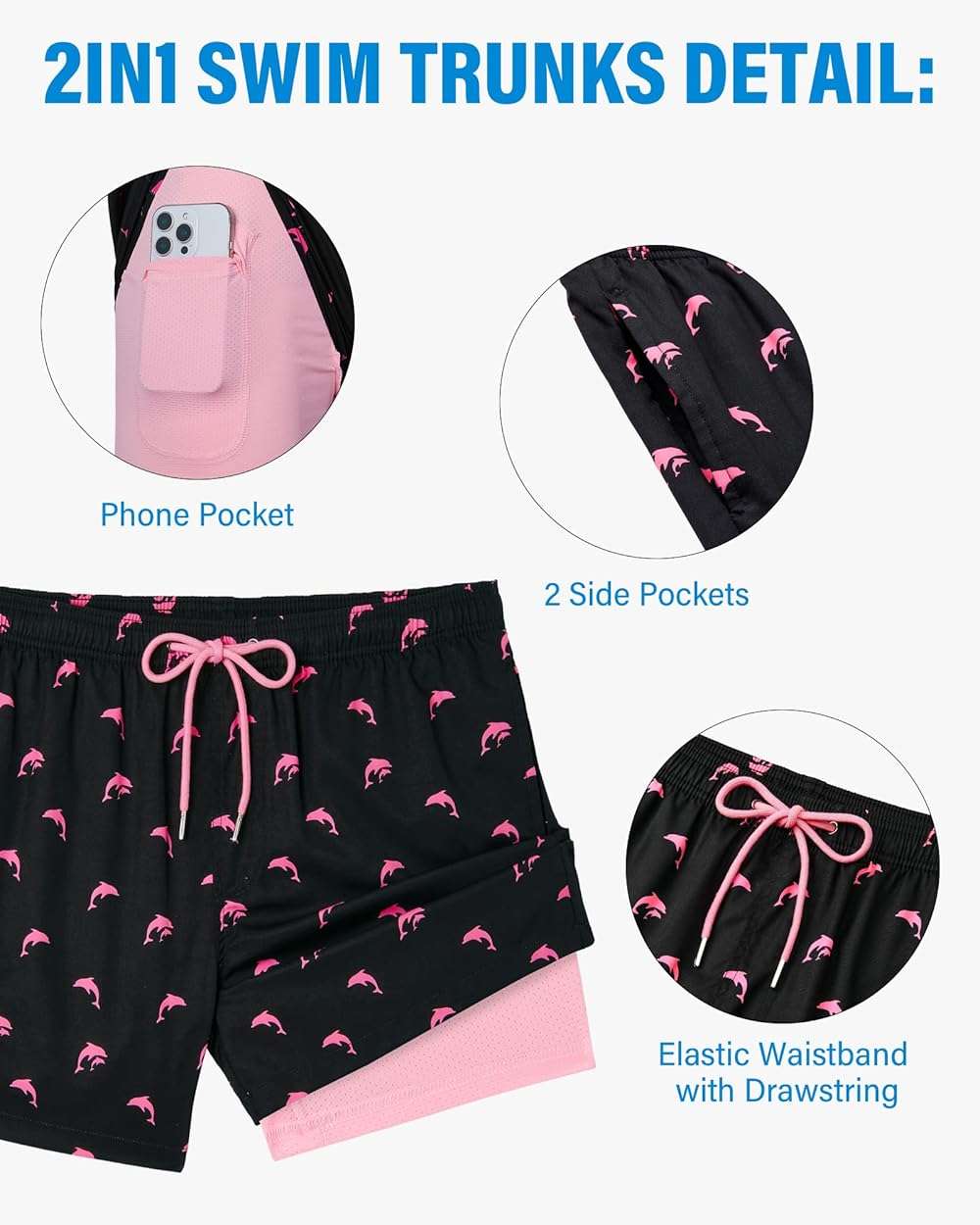 Gleeease 5inch Mens Swim Trunks with Compression Liner Pockets Drawstring Quick Dry Stretch Lined Funny Beach Swimming Surf - Image 3