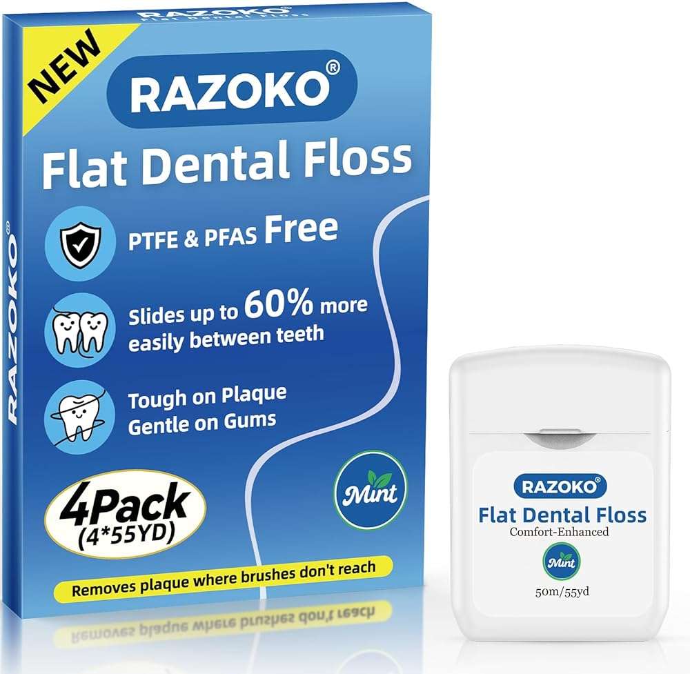 RAZOKO Flat Dental Floss, PFAS & PTFE Free, Shred Resistant, Kid-Friendly Gentle on Gums, Ultra-Smooth for Deep Cleaning, Mint, 4 Spools (220 Yd Total) - Image 1