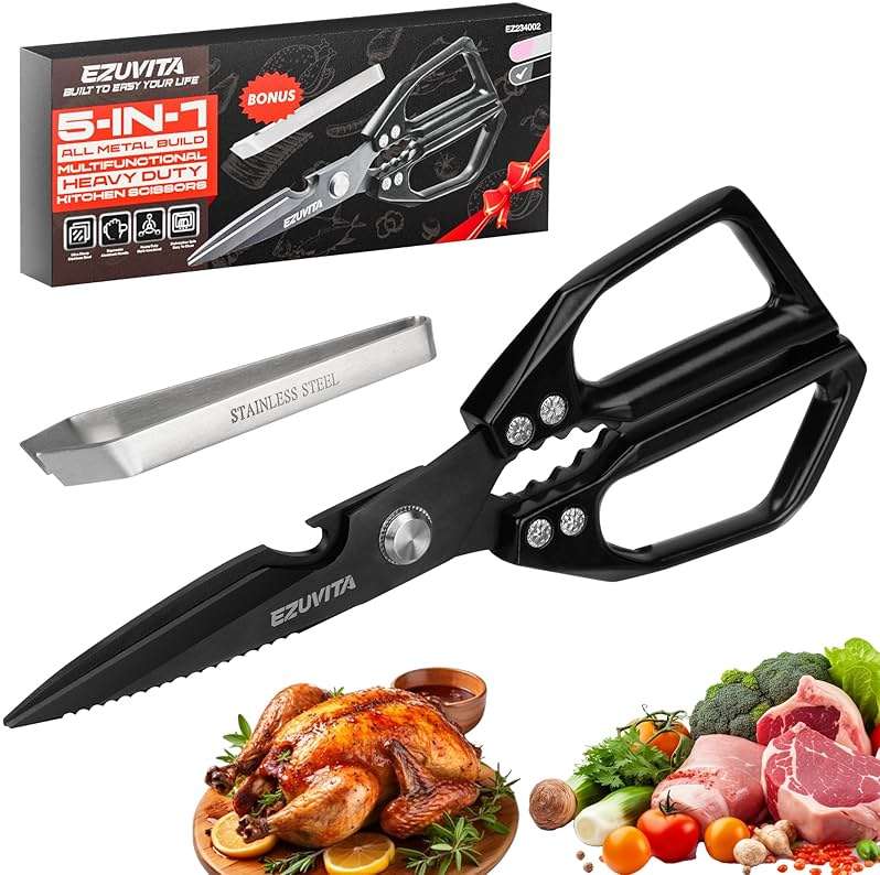 EZUVITA 5-in-1 Multifunctional Heavy-Duty Korean Kitchen Scissors with Tweezer, Black All Purpose Shears with Titanium Coated Stainless Steel Blades, Bone Cutting scissors for Meat, Fish, Vegetables - Image 1