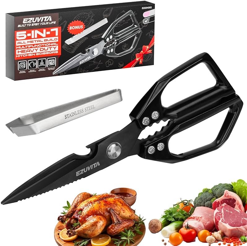 EZUVITA 5-in-1 Multifunctional Heavy-Duty Korean Kitchen Scissors with Tweezer, Black All Purpose Shears with Titanium Coated Stainless Steel Blades, Bone Cutting scissors for Meat, Fish, Vegetables - Product Image