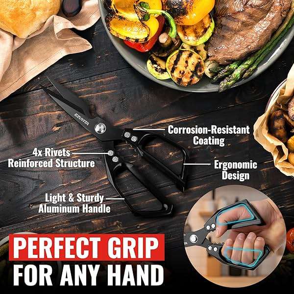 EZUVITA 5-in-1 Multifunctional Heavy-Duty Korean Kitchen Scissors with Tweezer, Black All Purpose Shears with Titanium Coated Stainless Steel Blades, Bone Cutting scissors for Meat, Fish, Vegetables - Image 5