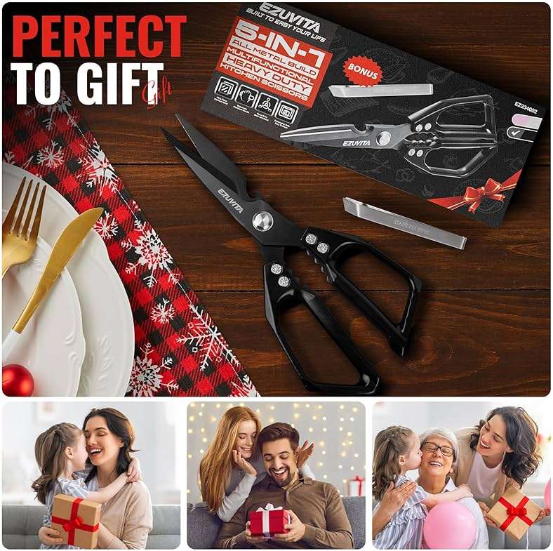 EZUVITA 5-in-1 Multifunctional Heavy-Duty Korean Kitchen Scissors with Tweezer, Black All Purpose Shears with Titanium Coated Stainless Steel Blades, Bone Cutting scissors for Meat, Fish, Vegetables - Image 6