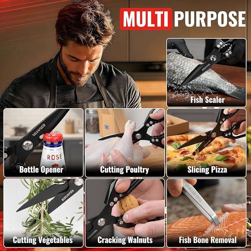 EZUVITA 5-in-1 Multifunctional Heavy-Duty Korean Kitchen Scissors with Tweezer, Black All Purpose Shears with Titanium Coated Stainless Steel Blades, Bone Cutting scissors for Meat, Fish, Vegetables - Image 7