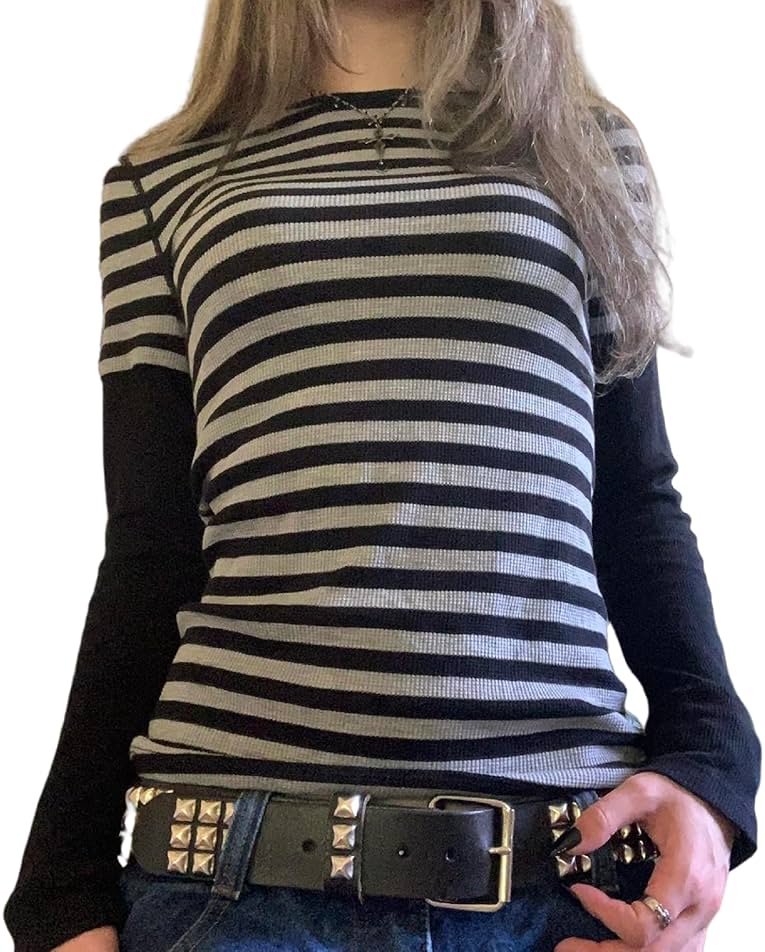 KMBANGI Women Striped Shirts Grunge Gothic Harajuku Aesthetic Tee Slim Fit Long Sleeve Top Y2k Clothes Going Out Tops - Product Image