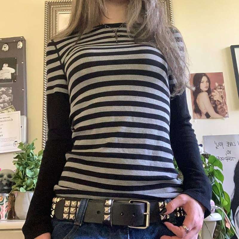 KMBANGI Women Striped Shirts Grunge Gothic Harajuku Aesthetic Tee Slim Fit Long Sleeve Top Y2k Clothes Going Out Tops - Image 2