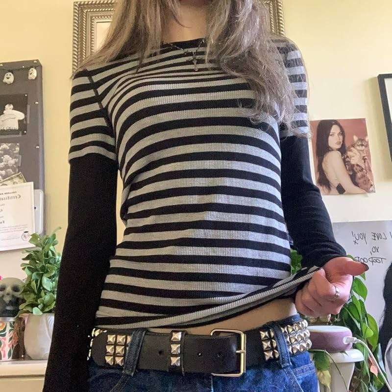 KMBANGI Women Striped Shirts Grunge Gothic Harajuku Aesthetic Tee Slim Fit Long Sleeve Top Y2k Clothes Going Out Tops - Image 3