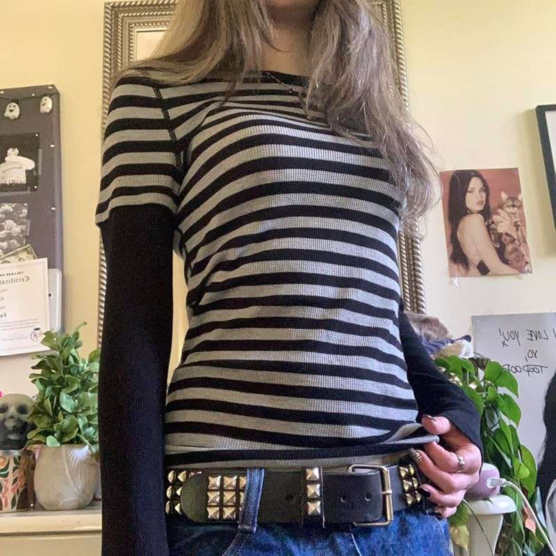 KMBANGI Women Striped Shirts Grunge Gothic Harajuku Aesthetic Tee Slim Fit Long Sleeve Top Y2k Clothes Going Out Tops - Image 4