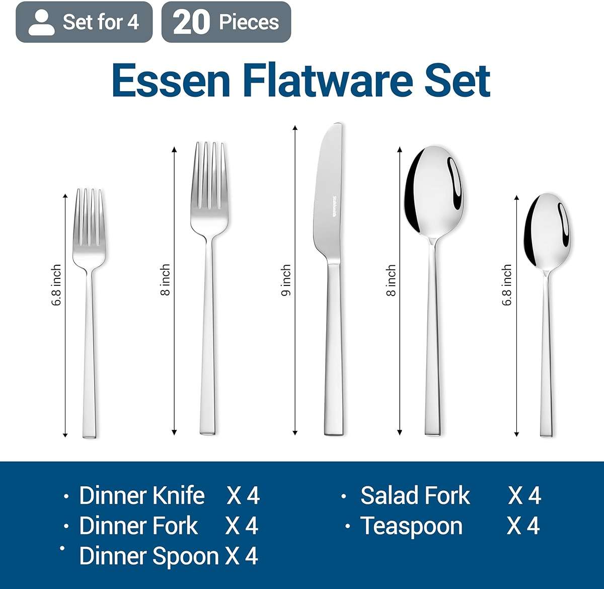Stahlsmith Essen Flatware Set for 4, 20-Piece 18/10 Stainless Steel Silverware Set, Modern Cutlery Set with Mirror Finish, Dishwasher Safe Kitchen Utensil Set, House Warming Gifts New Home - Image 2