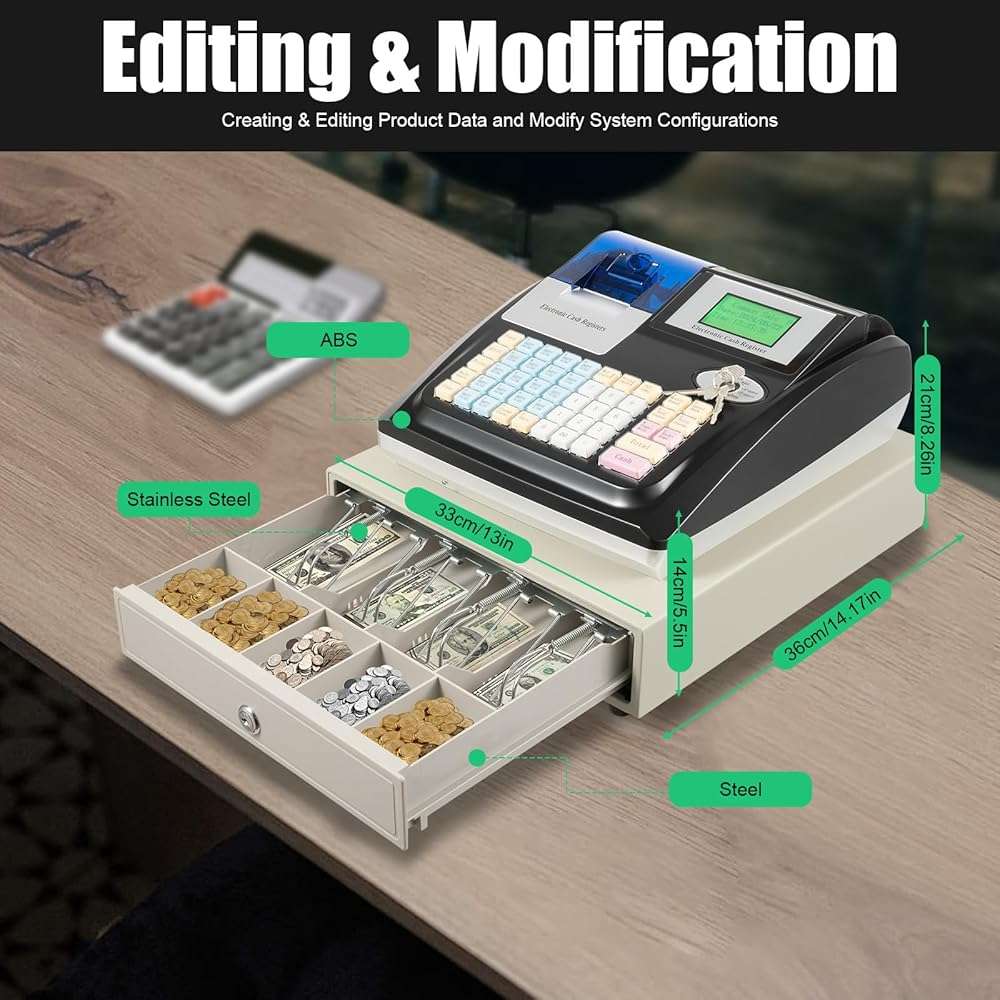 48 Keys Electronic Cash Register, Square POS Terminal Cash Register, Cash Register POS Systems with Drawer & 8 Digital LED for Supermarkets Shopping Malls Restaurants (Black) - Image 2