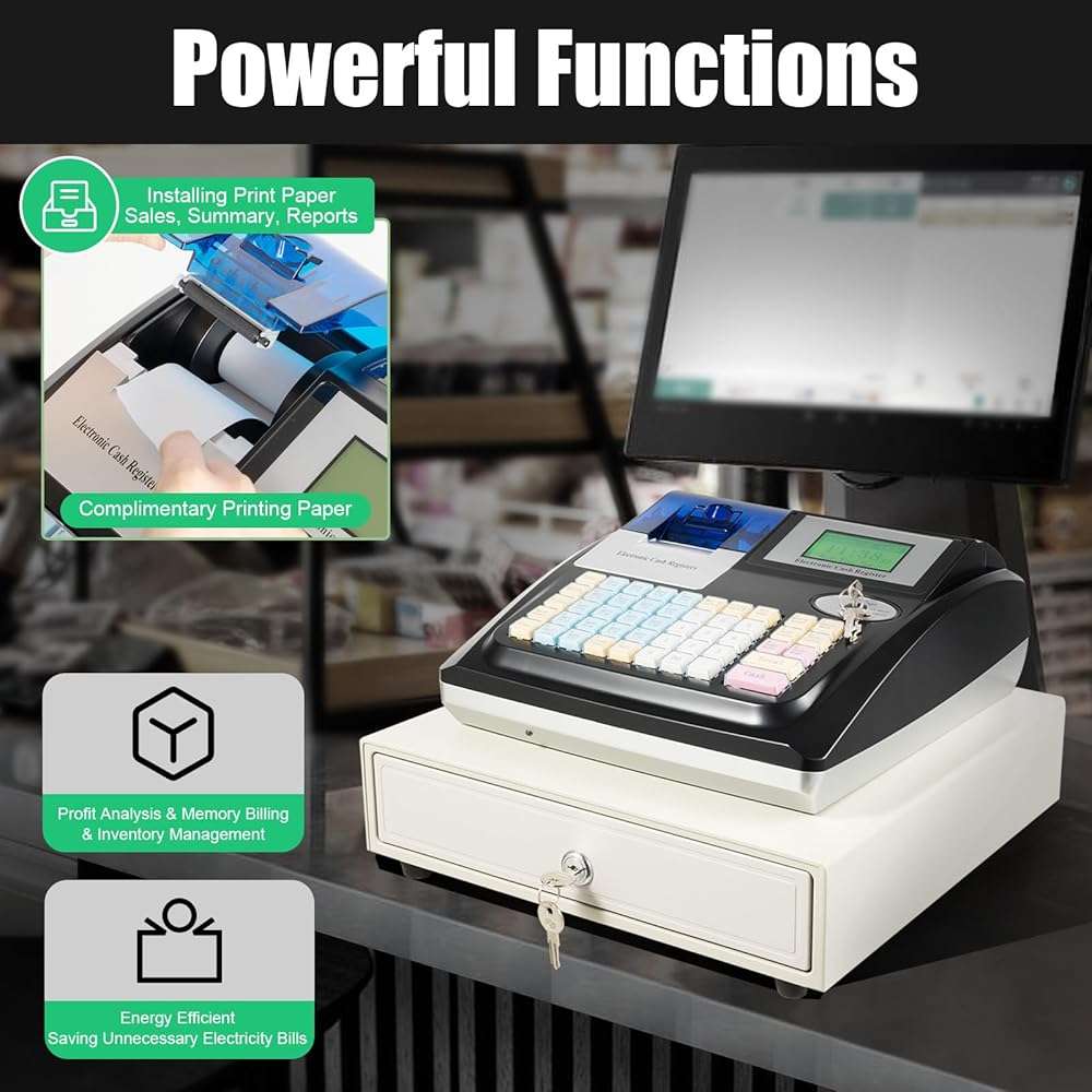 48 Keys Electronic Cash Register, Square POS Terminal Cash Register, Cash Register POS Systems with Drawer & 8 Digital LED for Supermarkets Shopping Malls Restaurants (Black) - Image 5