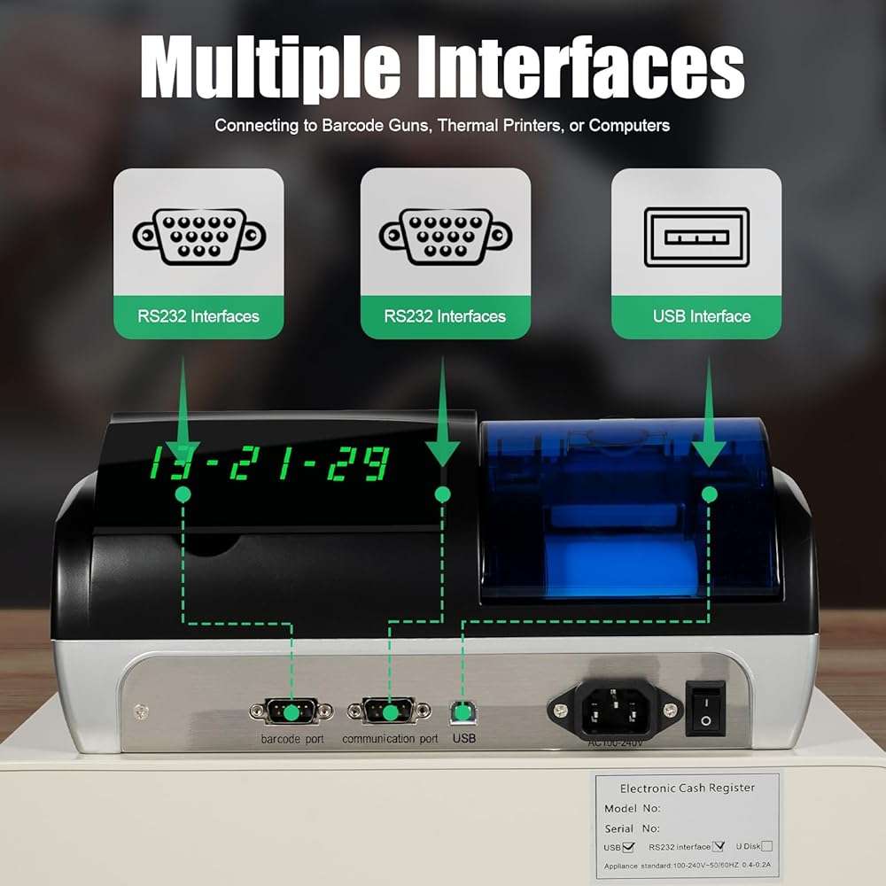 48 Keys Electronic Cash Register, Square POS Terminal Cash Register, Cash Register POS Systems with Drawer & 8 Digital LED for Supermarkets Shopping Malls Restaurants (Black) - Image 6