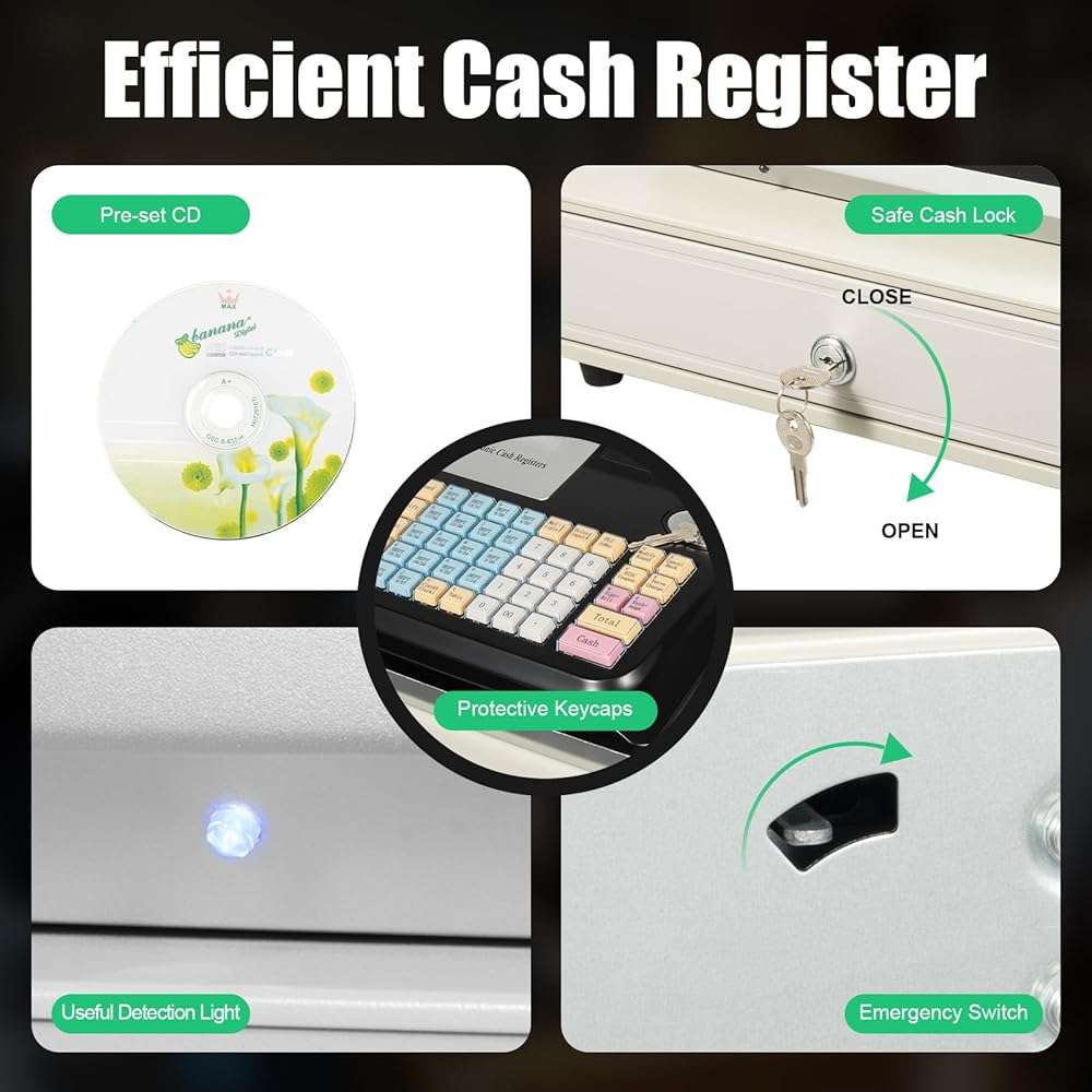 48 Keys Electronic Cash Register, Square POS Terminal Cash Register, Cash Register POS Systems with Drawer & 8 Digital LED for Supermarkets Shopping Malls Restaurants (Black) - Image 8