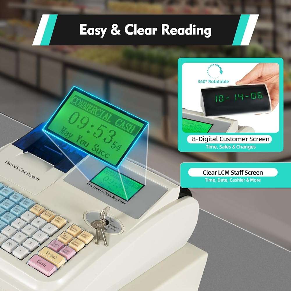 48 Keys Electronic Cash Register, Cash Register POS Systems, Square POS Terminal Cash Register with Drawer & 8 Digital LED for Supermarkets Shopping Malls Restaurants (White) - Image 6