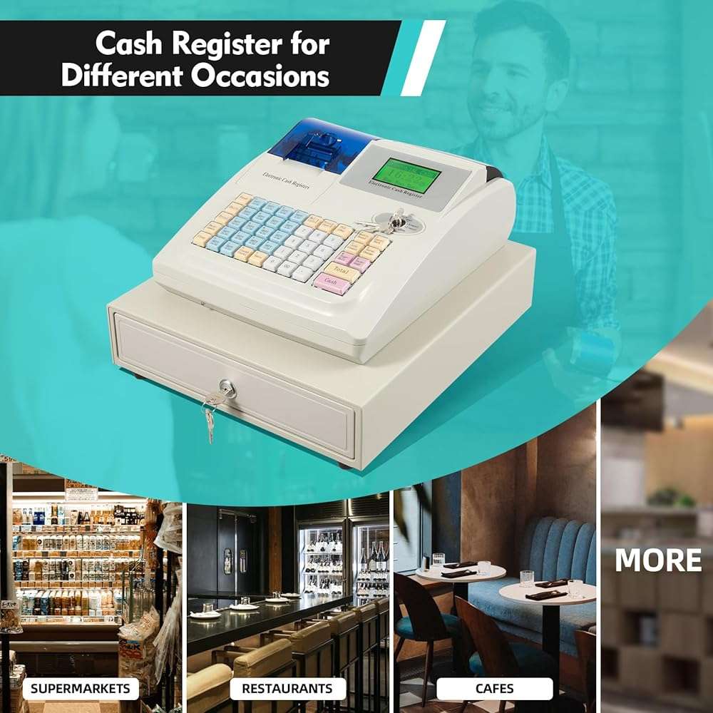 48 Keys Electronic Cash Register, Cash Register POS Systems, Square POS Terminal Cash Register with Drawer & 8 Digital LED for Supermarkets Shopping Malls Restaurants (White) - Image 8