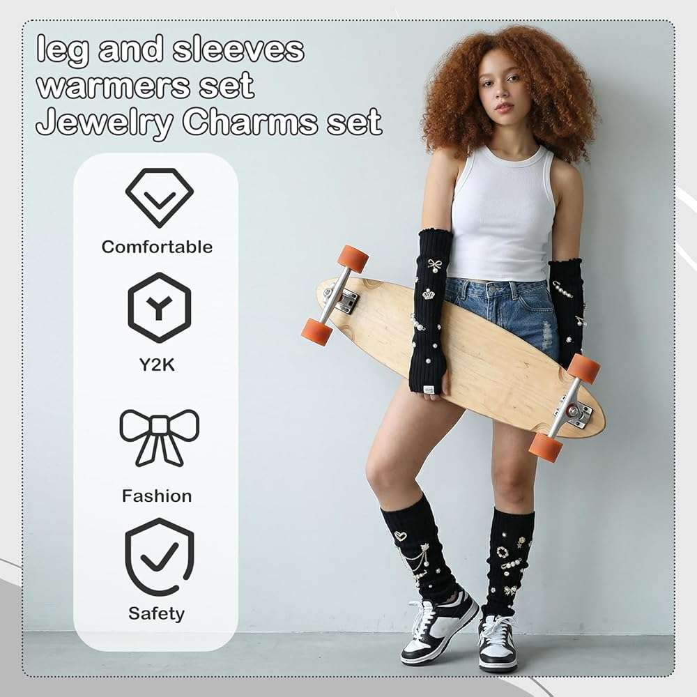 scenicamp Y2K Leg Warmers Arm Warmers with 55Pcs Junk Socks Charms Kit, Kawaii Long Knit Socks Goth Harajuku Y2K Accessories - Image 5