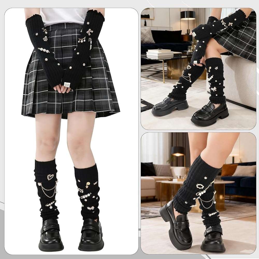 scenicamp Y2K Leg Warmers Arm Warmers with 55Pcs Junk Socks Charms Kit, Kawaii Long Knit Socks Goth Harajuku Y2K Accessories - Image 6