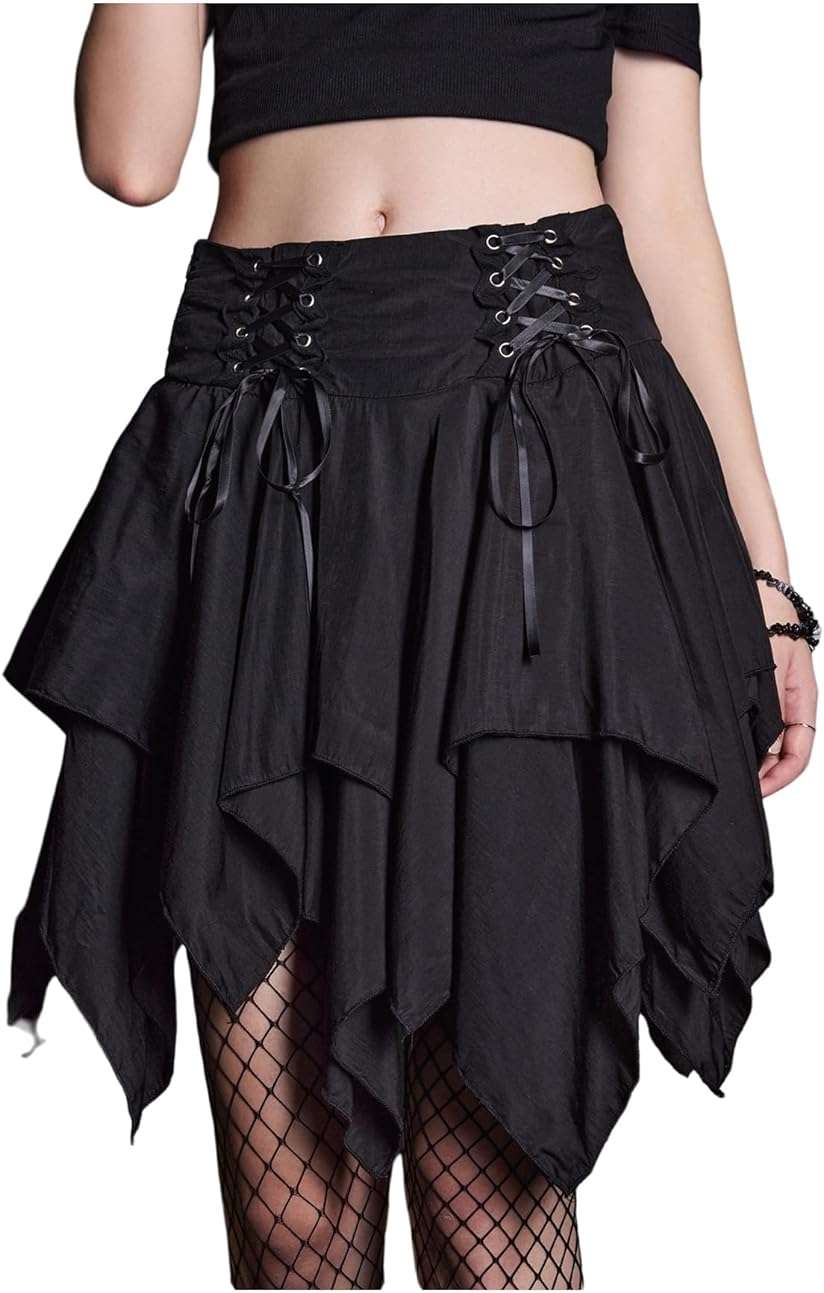 Verdusa Women's Goth Fairy Skirt Renaissance Ruffle Skort Lace Up Asymmetrical Mini Skirts - Image 1
