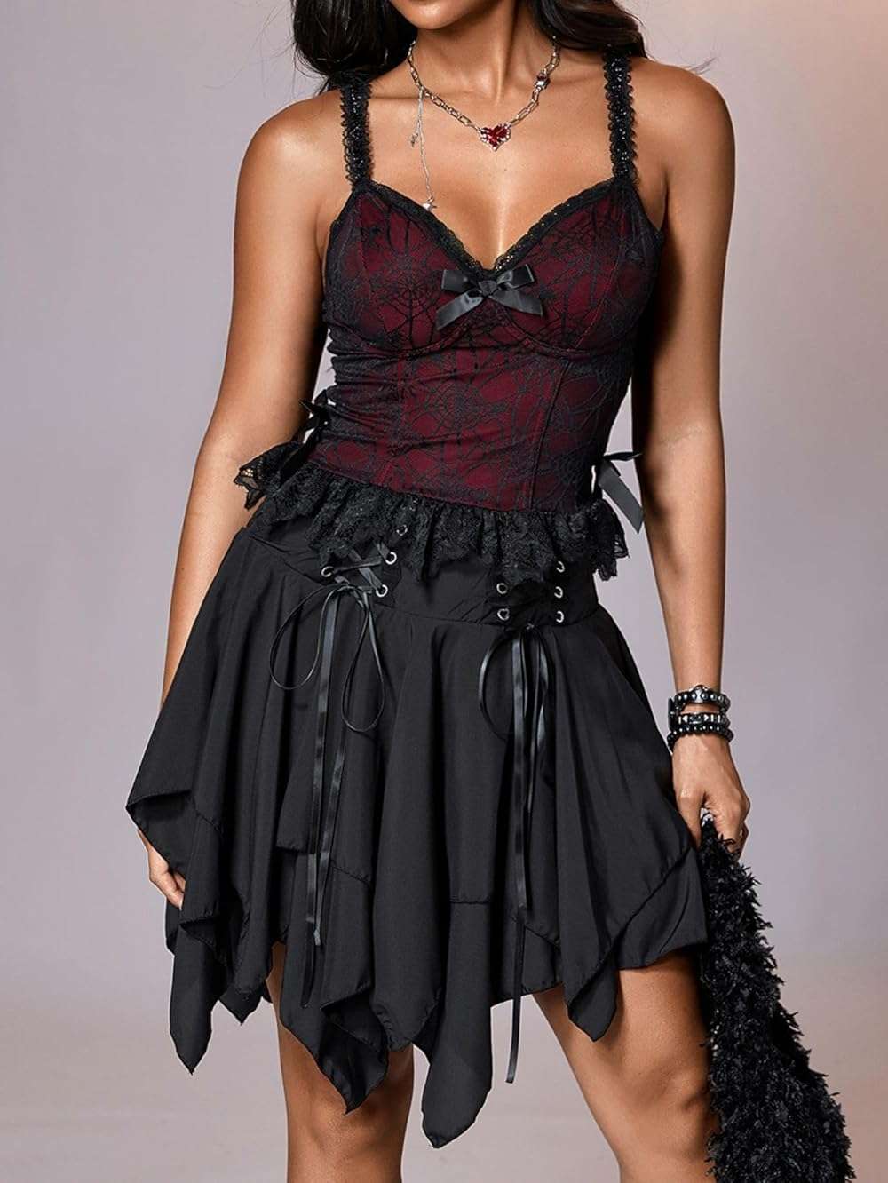 Verdusa Women's Goth Fairy Skirt Renaissance Ruffle Skort Lace Up Asymmetrical Mini Skirts - Image 5