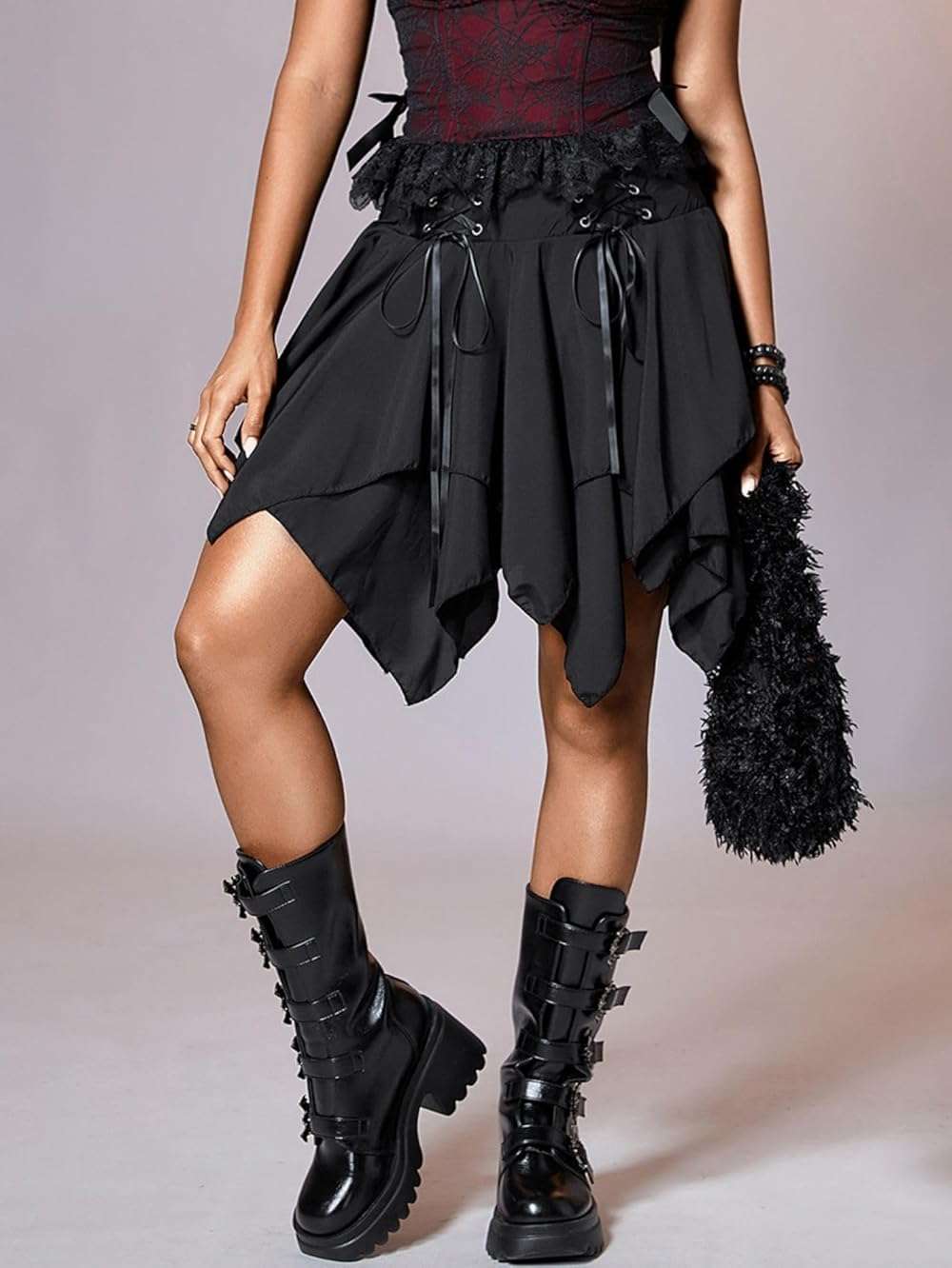 Verdusa Women's Goth Fairy Skirt Renaissance Ruffle Skort Lace Up Asymmetrical Mini Skirts - Image 6