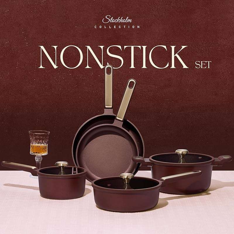 CAROTE Pots and Pans Set Nonstick, 16pcs Cookware Set Nonstick Non-Toxic & PFOA&PFOS-Free, Dishwasher, RV/Camping Cookware Set, Cooking Pots with Lids,Wine Red - Image 2