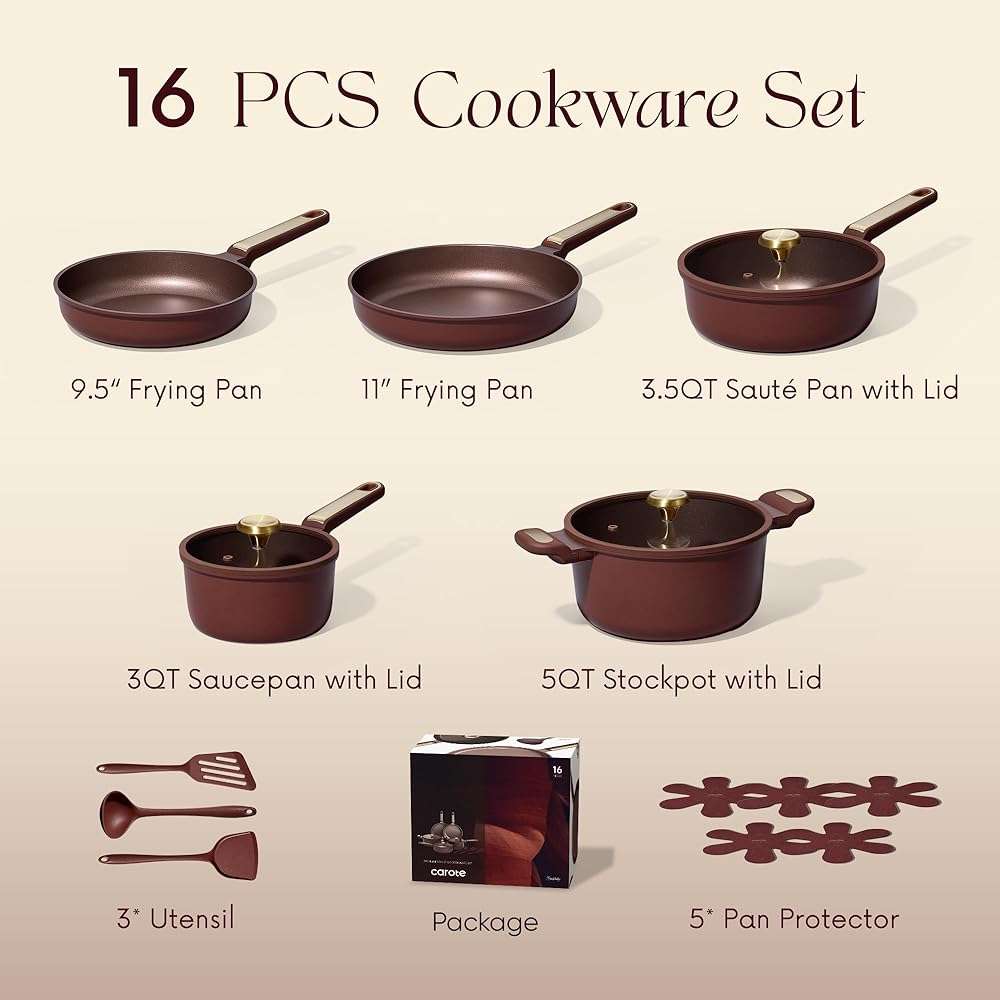CAROTE Pots and Pans Set Nonstick, 16pcs Cookware Set Nonstick Non-Toxic & PFOA&PFOS-Free, Dishwasher, RV/Camping Cookware Set, Cooking Pots with Lids,Wine Red - Image 3