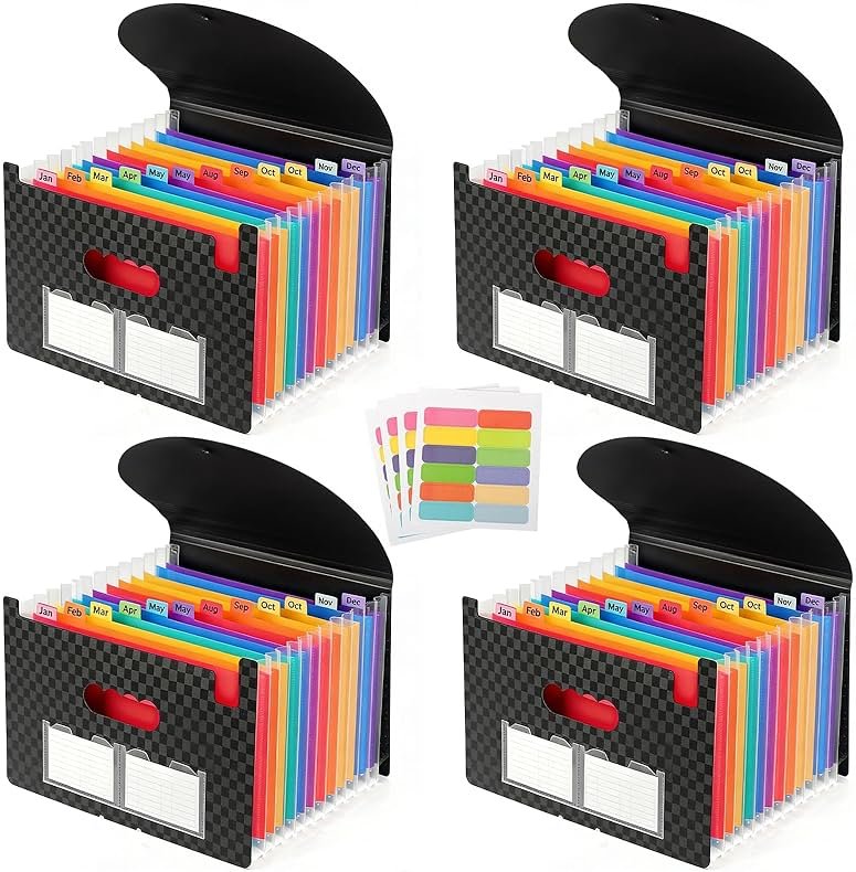 4 Pack Accordion File Organizer - Portable 13 Pockets Document Organizer with Rainbow Color Labels and Sticky Notes for Letter A4 Size Document Holder, Bills, and Store Documents (Black) - Product Image