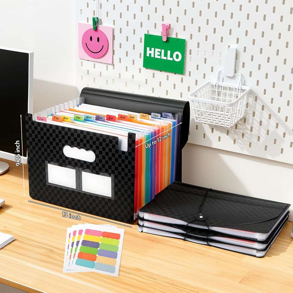 4 Pack Accordion File Organizer - Portable 13 Pockets Document Organizer with Rainbow Color Labels and Sticky Notes for Letter A4 Size Document Holder, Bills, and Store Documents (Black) - Image 2