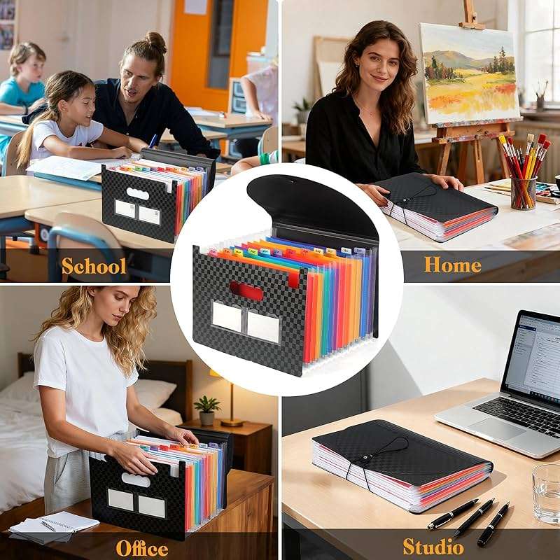 4 Pack Accordion File Organizer - Portable 13 Pockets Document Organizer with Rainbow Color Labels and Sticky Notes for Letter A4 Size Document Holder, Bills, and Store Documents (Black) - Image 4