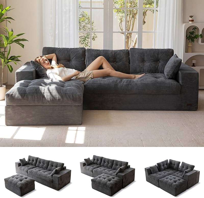 MAXYOYO 104" L Shaped Modular Sectional Sofa with Ottoman, Cloud Boneless Couch with Layered Cushion, Upholstered Sofa Flexible Module Combination for Living Room, No Assembly, Dark Grey - Image 1
