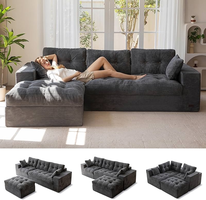 MAXYOYO 104" L Shaped Modular Sectional Sofa with Ottoman, Cloud Boneless Couch with Layered Cushion, Upholstered Sofa Flexible Module Combination for Living Room, No Assembly, Dark Grey - Product Image