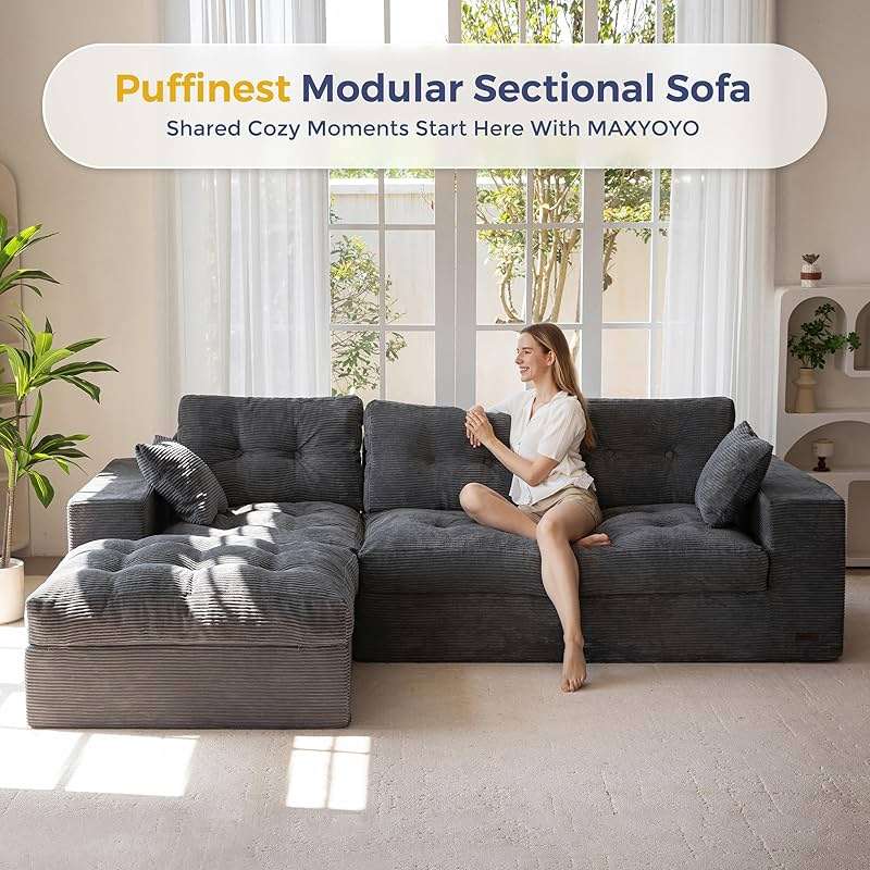 MAXYOYO 104" L Shaped Modular Sectional Sofa with Ottoman, Cloud Boneless Couch with Layered Cushion, Upholstered Sofa Flexible Module Combination for Living Room, No Assembly, Dark Grey - Image 3