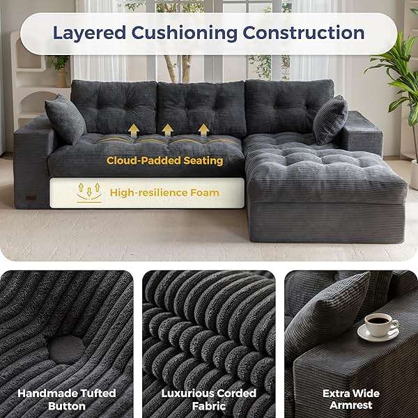 MAXYOYO 104" L Shaped Modular Sectional Sofa with Ottoman, Cloud Boneless Couch with Layered Cushion, Upholstered Sofa Flexible Module Combination for Living Room, No Assembly, Dark Grey - Image 5