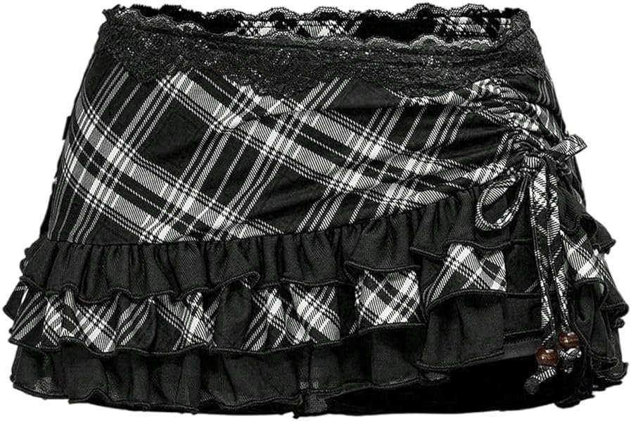 SweatyRocks Women's Y2k Plaid Mini Skirts Lace Contrast Skirts Streetwear Concert Outfits - Product Image