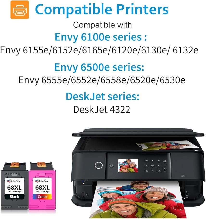 RubyPulse 68XL 68e 1330 high pages for 1 Black and 1 Tri-Color ink cartridge for envy 6155e 6555e Remanufactured HP68 68XL Compatible for HP Envy 6100e 6500e Series 6155e 6555e 6152e 6165e 6558e 6552e - Image 2
