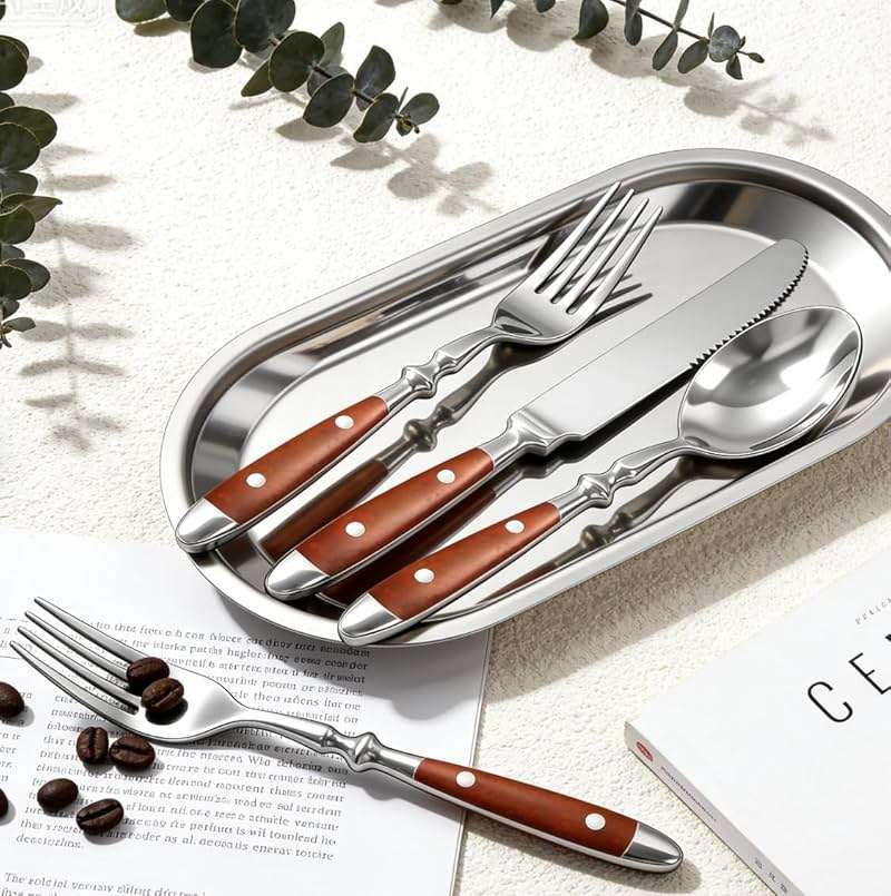 Cooluxry 20pcs Brown Silverware Set Service for 4,Vintage Flatware Set with Brown Bakelite Handle, Stainless Steel Cutlery Set, Dishwasher Safe - Image 2