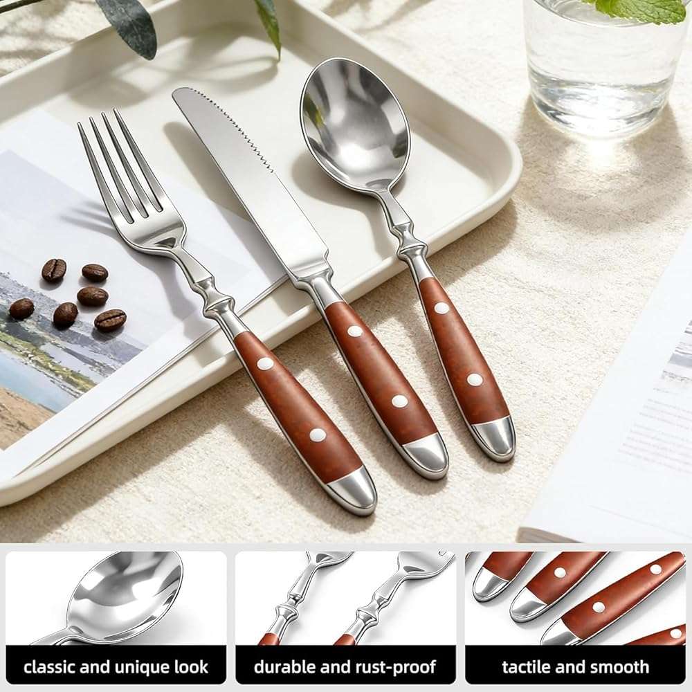 Cooluxry 20pcs Brown Silverware Set Service for 4,Vintage Flatware Set with Brown Bakelite Handle, Stainless Steel Cutlery Set, Dishwasher Safe - Image 5