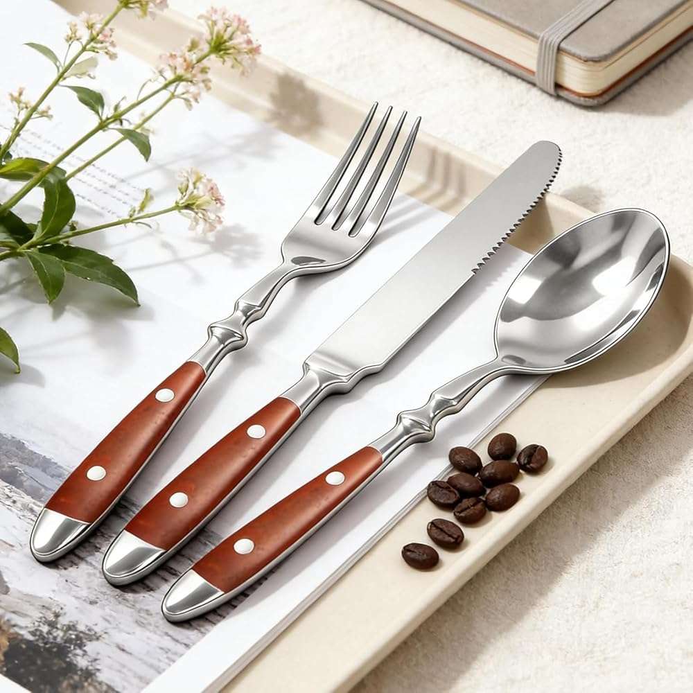 Cooluxry 20pcs Brown Silverware Set Service for 4,Vintage Flatware Set with Brown Bakelite Handle, Stainless Steel Cutlery Set, Dishwasher Safe - Image 6
