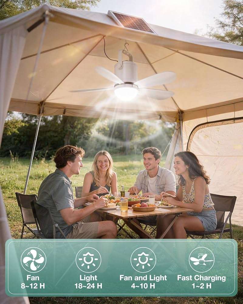 Micosong 21” Solar Ceiling Fan Light, 35W Solar Powered Gazebo Fan with Remote Control, Rechargeable Battery Operated Portable Camping Fan Outside, for Tent Patio Greenhouse Porch Canopy Pergola - Image 5