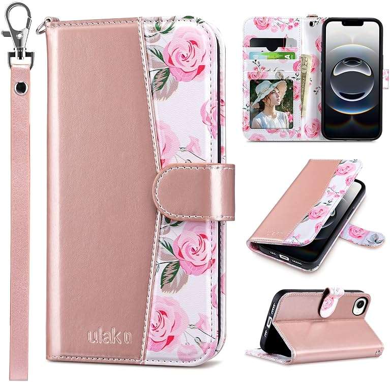 ULAK Compatible with iPhone 16E Wallet Case/iPhone 17E Wallet Case with Card Holder, PU Leather Case with Kickstand Card Slots Wrist Strap, Durable Shockproof Protective Cover 6.1 inch, Rose Gold - Image 1