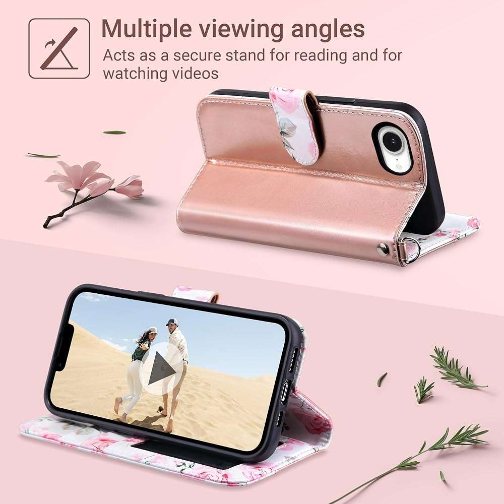 ULAK Compatible with iPhone 16E Wallet Case/iPhone 17E Wallet Case with Card Holder, PU Leather Case with Kickstand Card Slots Wrist Strap, Durable Shockproof Protective Cover 6.1 inch, Rose Gold - Image 2